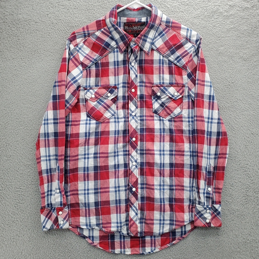 Rock & Roll Cowboy Pearlsnap Shirt Mens Small Western Rodeo Plaid Red Blue